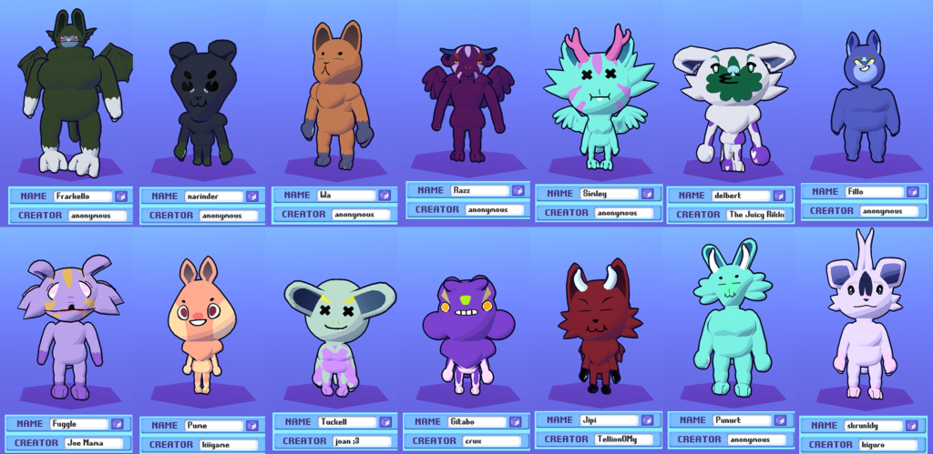 14 creatures made in creature creation station, with nametags and creator names